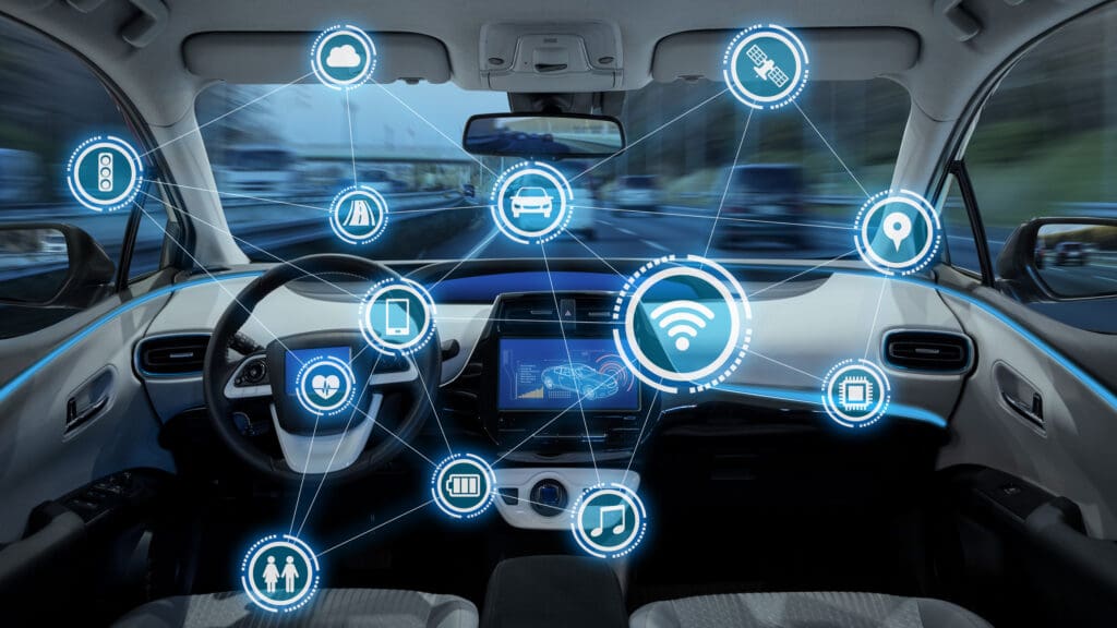 interior of car with icons representing networked and connected vehicle components