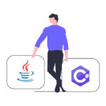 Man standing with Java and C Sharp programming languages