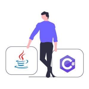 Man standing with Java and C Sharp programming languages