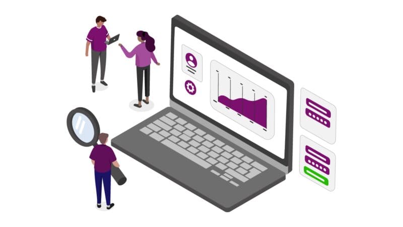 computer illustration of people around a laptop